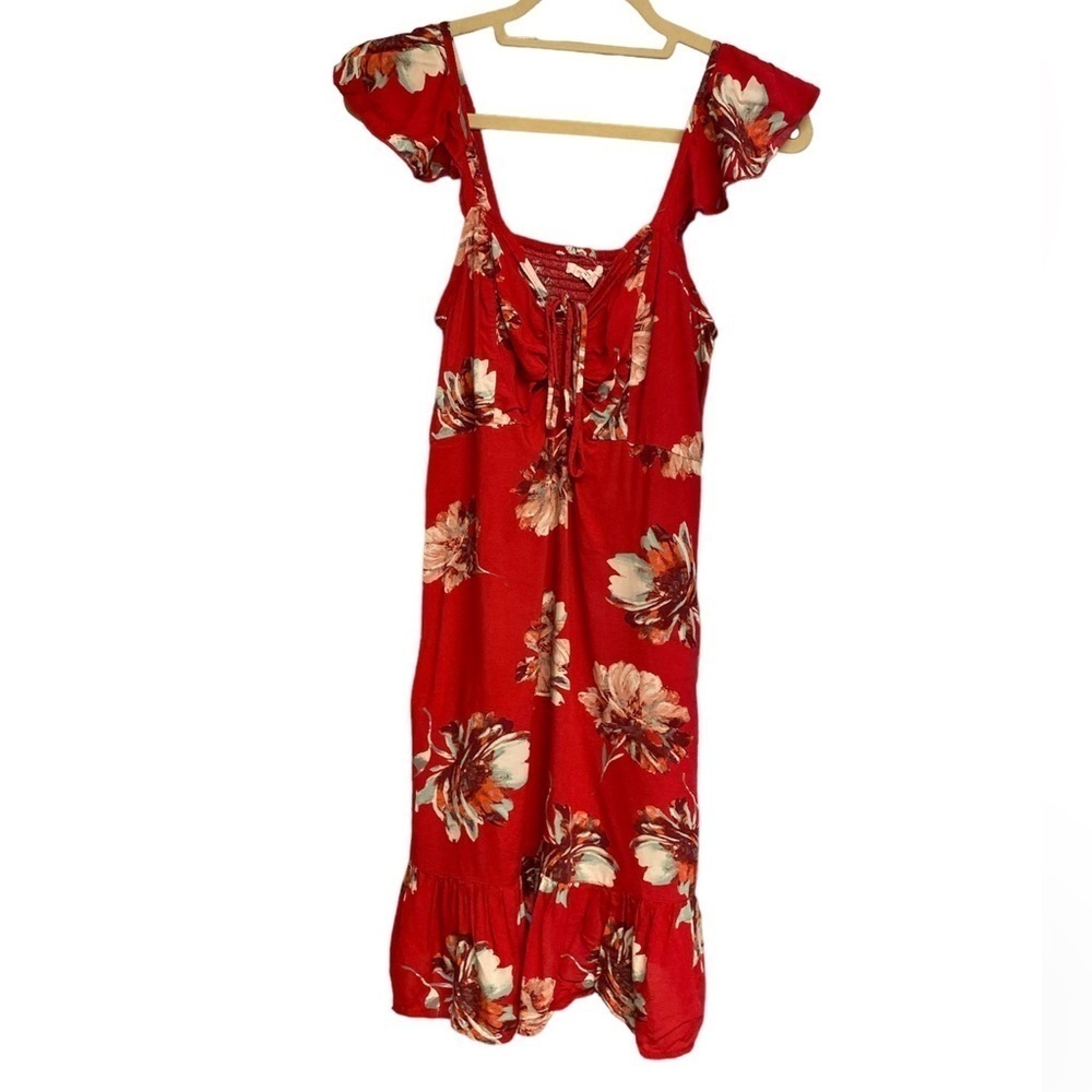 Maurice’s dress deep neckline w/tie front ruffled shoulder strap floral Sz MED